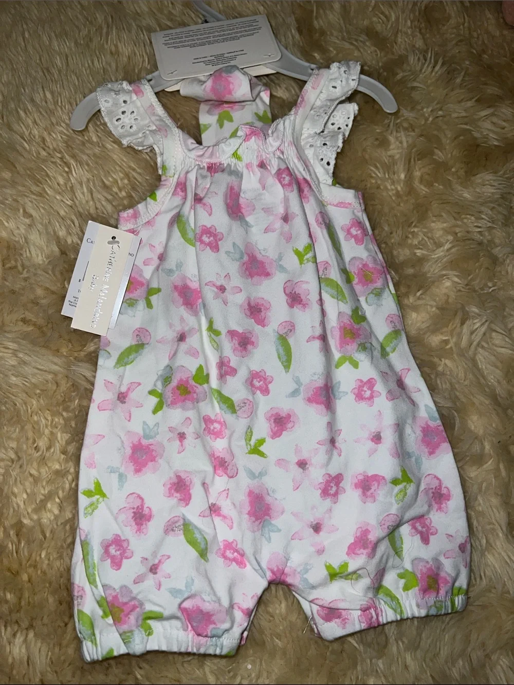 Catherine Malandrino White Romper with Pink Floral and Green Leaf Print